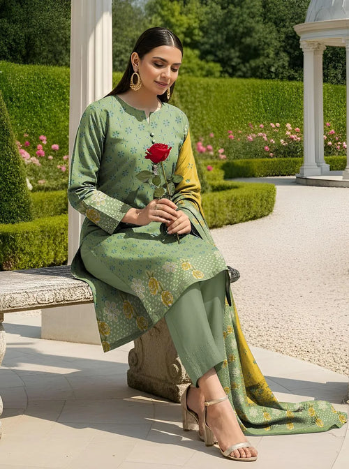 Green Printed 3-Piece Dobby Lawn Suit for Women