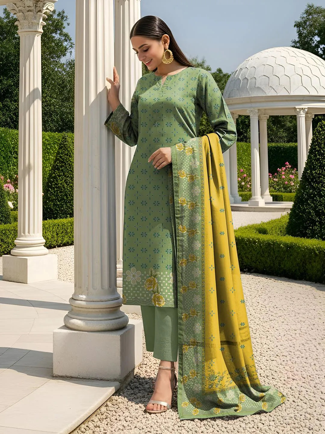 Green Printed 3-Piece Dobby Lawn Suit for Women