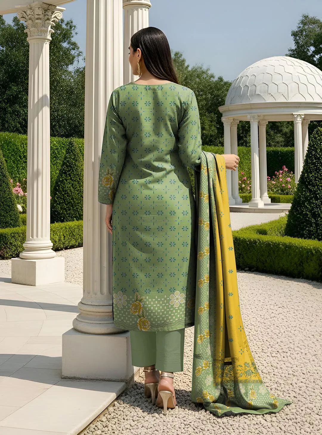 Green Printed 3-Piece Dobby Lawn Suit for Women