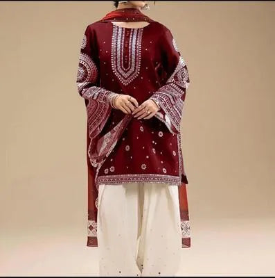 Maroon Embroidered Dhanak Suit with Pashmina Dupatta 3Piece