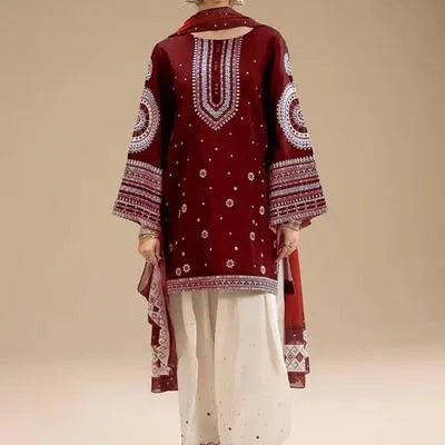 Maroon Embroidered Dhanak Suit with Pashmina Dupatta 3Piece