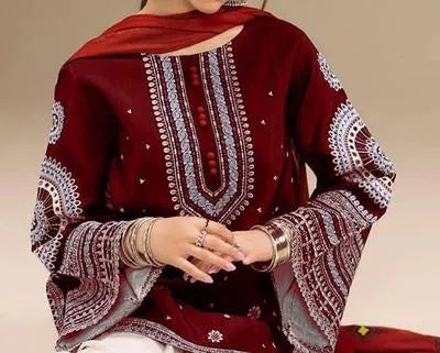 Maroon Embroidered Dhanak Suit with Pashmina Dupatta 3Piece