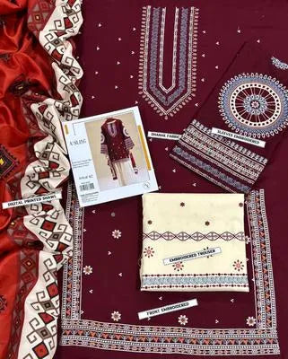 Maroon Embroidered Dhanak Suit with Pashmina Dupatta 3Piece