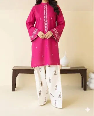 Pink Embroidered Lawn Shirt & Cotton Trouser Set 2pc